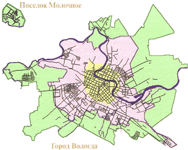Схема расширения городской черты Вологды на протяжении XX века. Желтым цветом показаны земли города в 1900-х годах, сиреневым — в 1960-х, зеленым — в 1990-х годах (поселок Молочное показан удаленным на вдвое меньшее расстояние, чем следует)