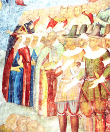 В первом ряду грешников, идущих в ад — вооруженные люди в западноевропейской одежде XVII века. Фрагмент фрески «Страшный суд» на западной стене Софийского собора в Вологде. 1686—1688 годы