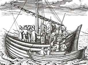 Погрузка товаров на корабль с лодки русских поморов. Гравюра из описания путешествия Геррит де-Вера. Конец XVI века