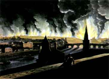Пожар Москвы. Фрагмент раскрашенной гравюры Жебеле по оригиналу Нотоффа. 1816 год