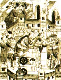 Великий князь приказывает «воеводам градским устроити во граде пушки и пищали». Миниатюра летописи XVI века