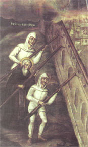 Димитрий Прилуцкий и белоризцы укрепляют стены вологодской крепости. Фрагмент иконы «Чудо о белоризцах», написанной в Вологде в ноябре 1861 года